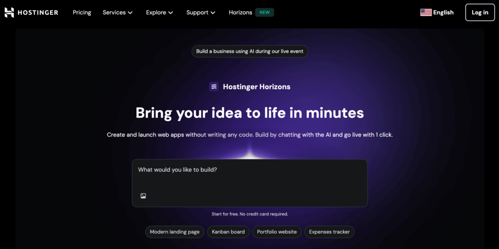Landing page of Hostinger Horizons