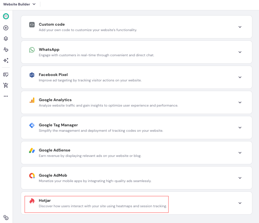 Hostinger Website Builder integrations menu with Hotjar highlighted