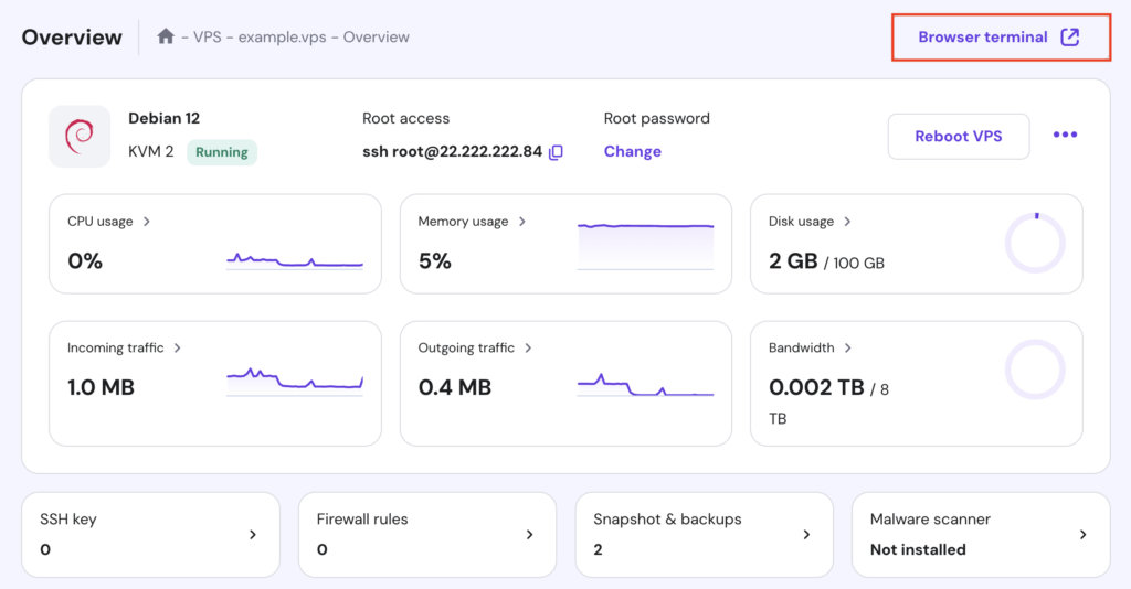 The Browser terminal button in the Overview page of hPanel's VPS