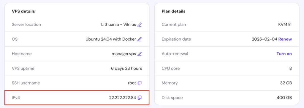 The IP address information in the VPS Overview page of hPanel