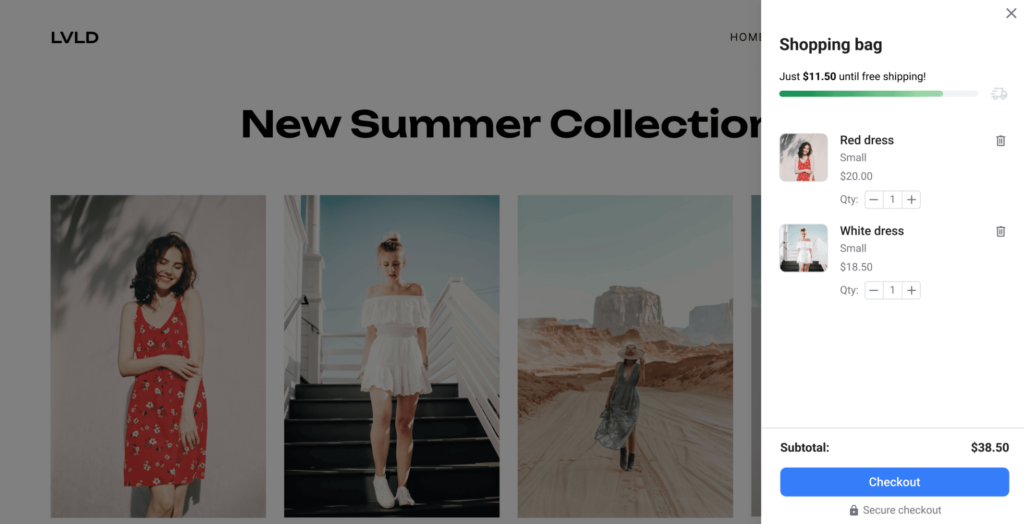 Checkout panel showing free shipping progress