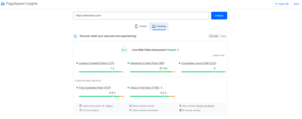 Google PageSpeed Insights query for Ikea website showing key speed metrics