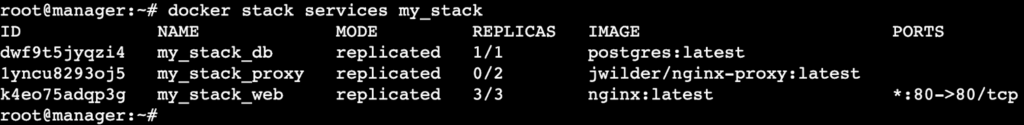A terminal output showing the deployed services in a stack