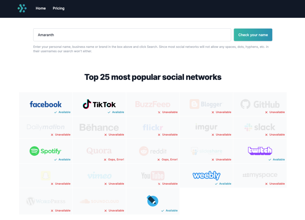 Knowem search results for a handle