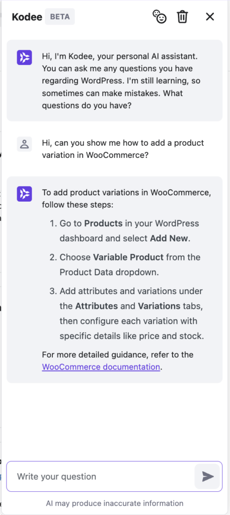 An example conversation in Kodee, Hostinger's AI Assistant