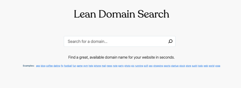 Lean domain search landing page with search field