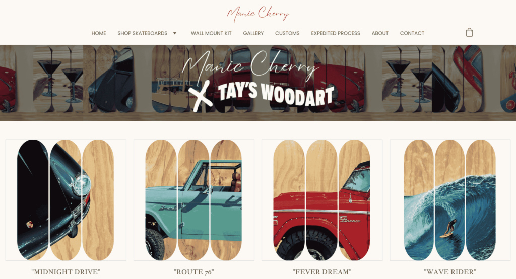 Category page of Manic Cherry x Tay's Woodart products