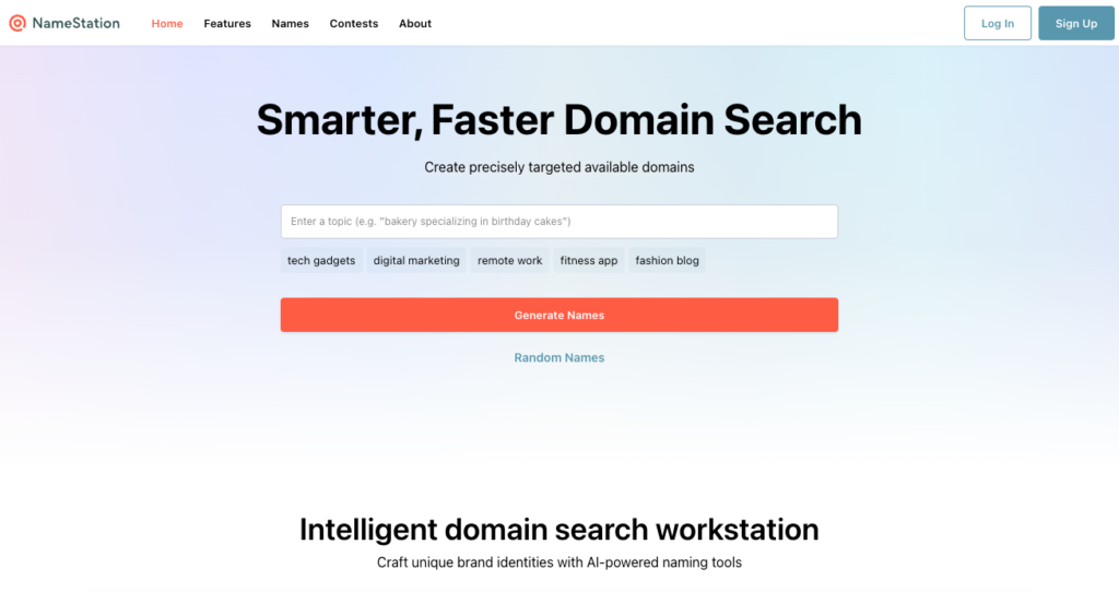 Namestation landing page with name generator search field