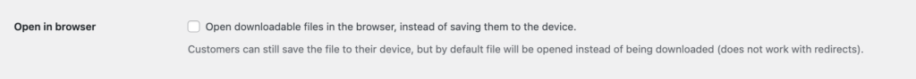 The Open in browser option in WooCommerce downloadable products settings