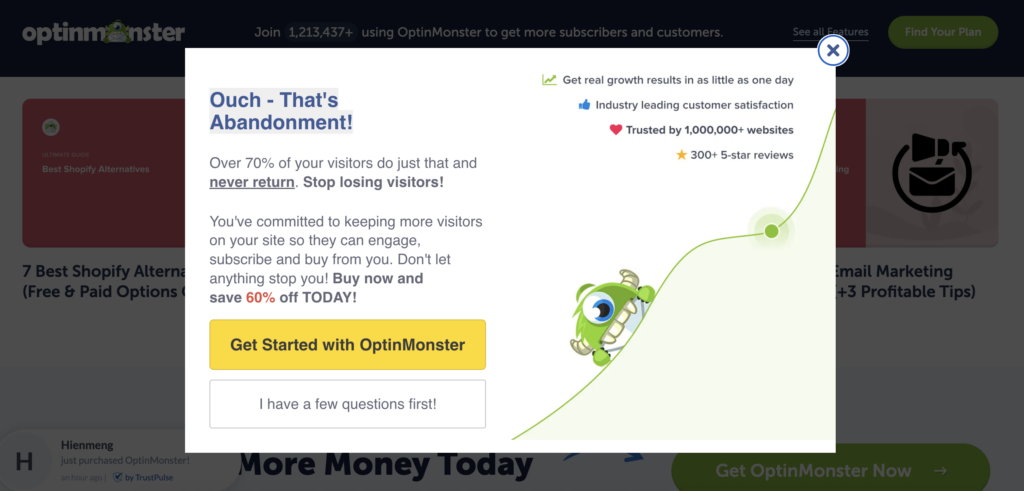 An exit-intent pop-up example from OptinMonster's site