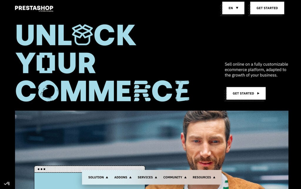 PrestaShop homepage featuring a bold headline "Unlock Your Commerce" and a call-to-action to sell on a customizable ecommerce platform