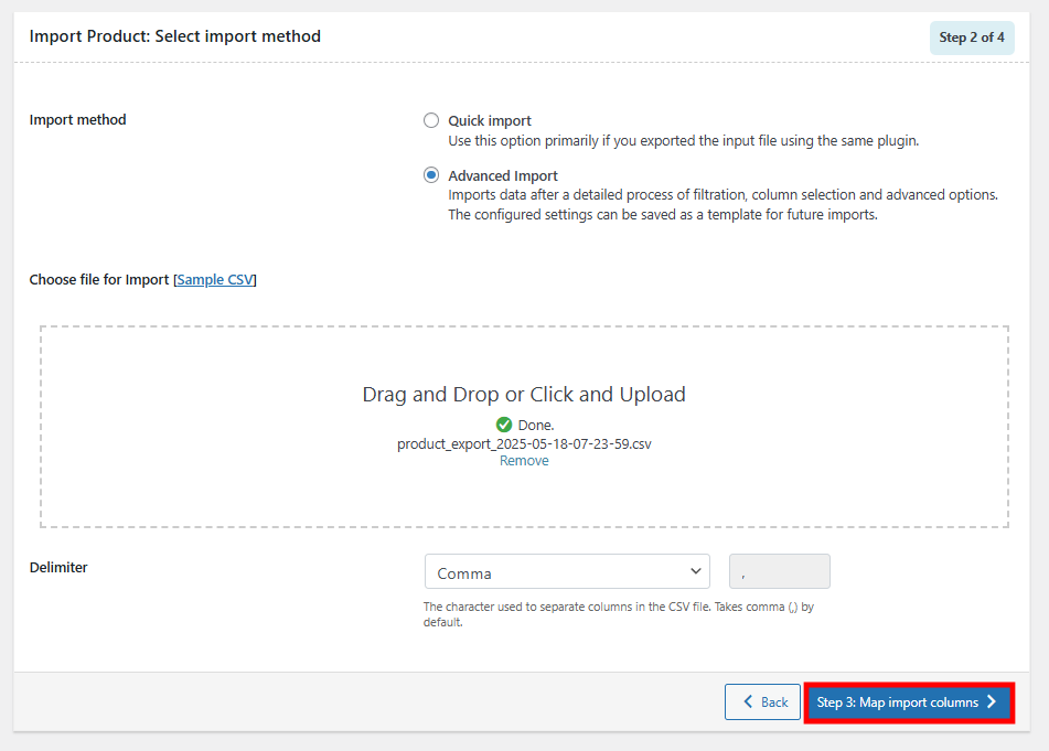 Step 2 of Product Import Export's process: Choosing the advanced import process