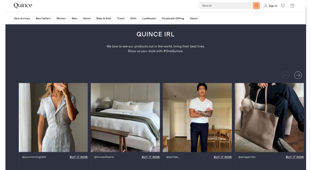 Quince homepage, showing user-generated content
