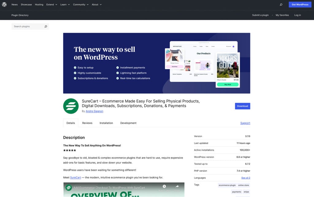WordPress SureCart plugin page showcasing its setup screen and banner with features like real-time tax calculations, installment payments, and subscriptions