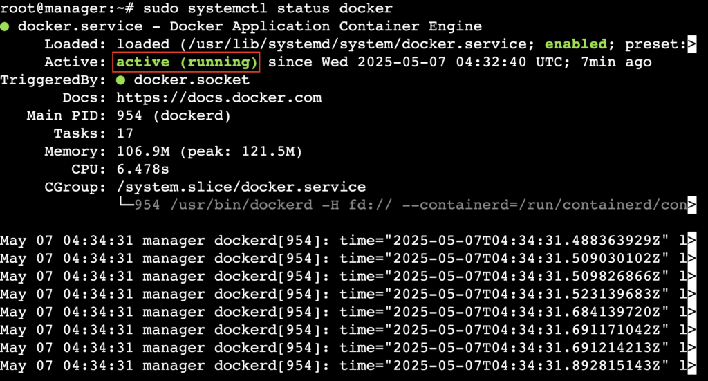 A terminal output showing that Docker is active and running