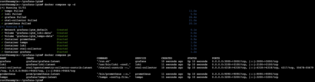 A terminal output showing the running Docker services