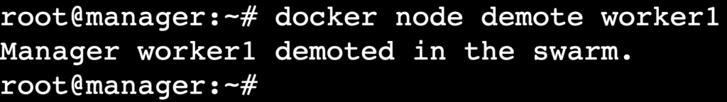 A terminal output showing the process of demoting a node, reverting its role to a worker.