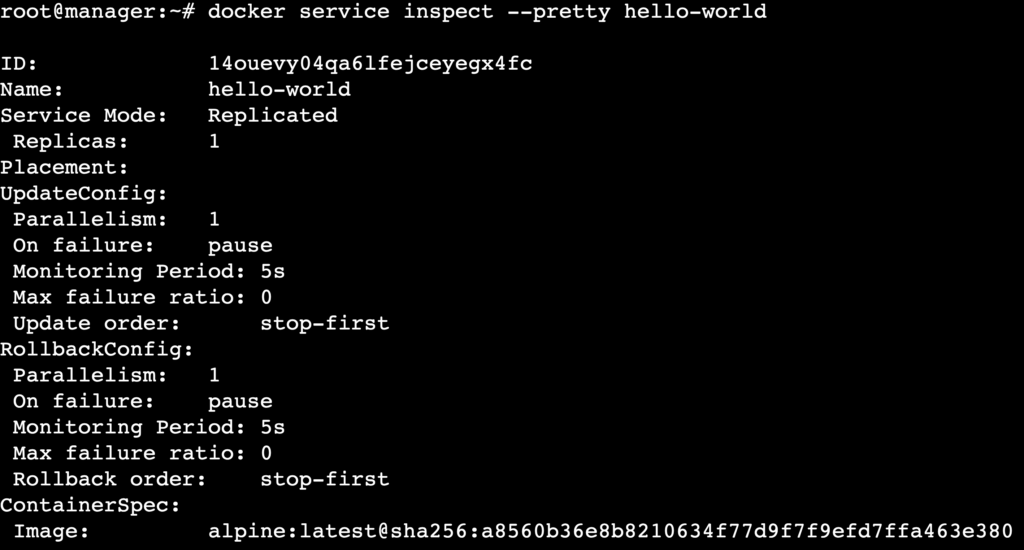A terminal output showing details of the hello-world service