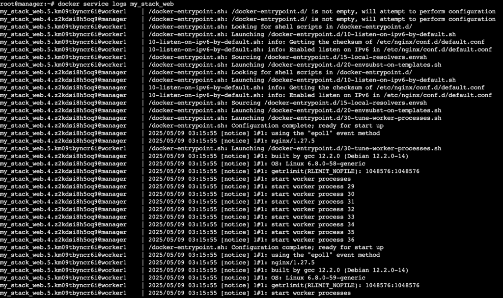 A terminal output showing logs for a service