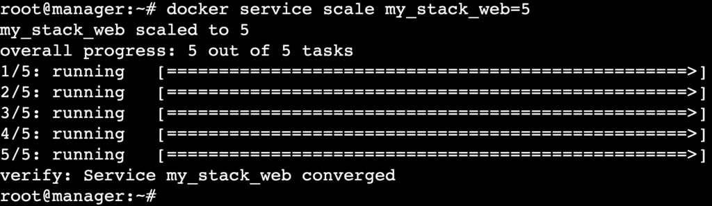 A terminal output showing the scaling process of a service