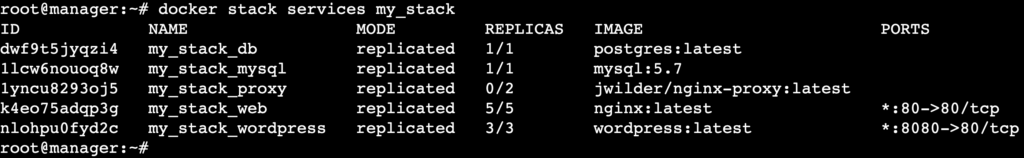 A terminal output showing the updated services in a stack