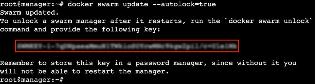 A terminal output showing the swarm unlock key