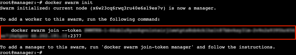 A terminal output showing a docker swarm join command