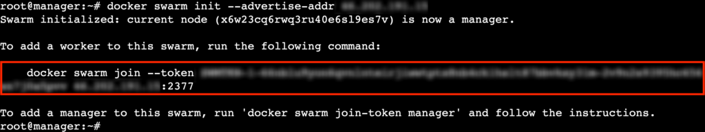 A terminal output showing the generated Docker swarm join command