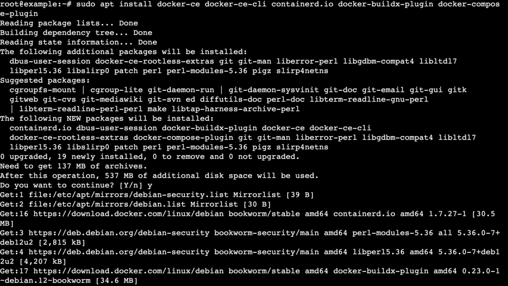 A terminal output showing the process of installing Docker and all its components