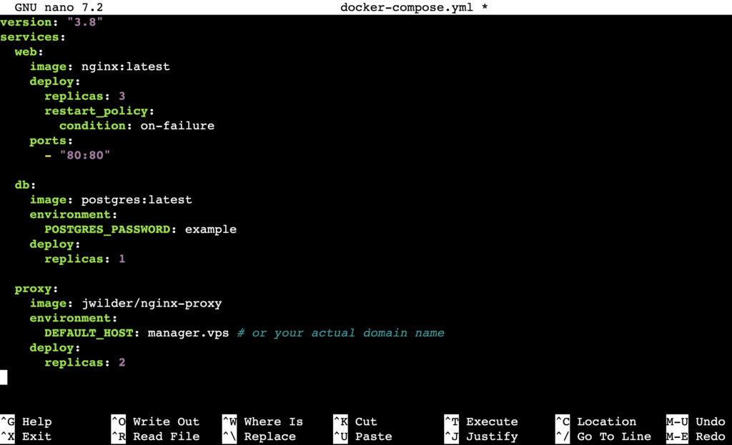 A nano editor output showing the docker-compose.yml file's content