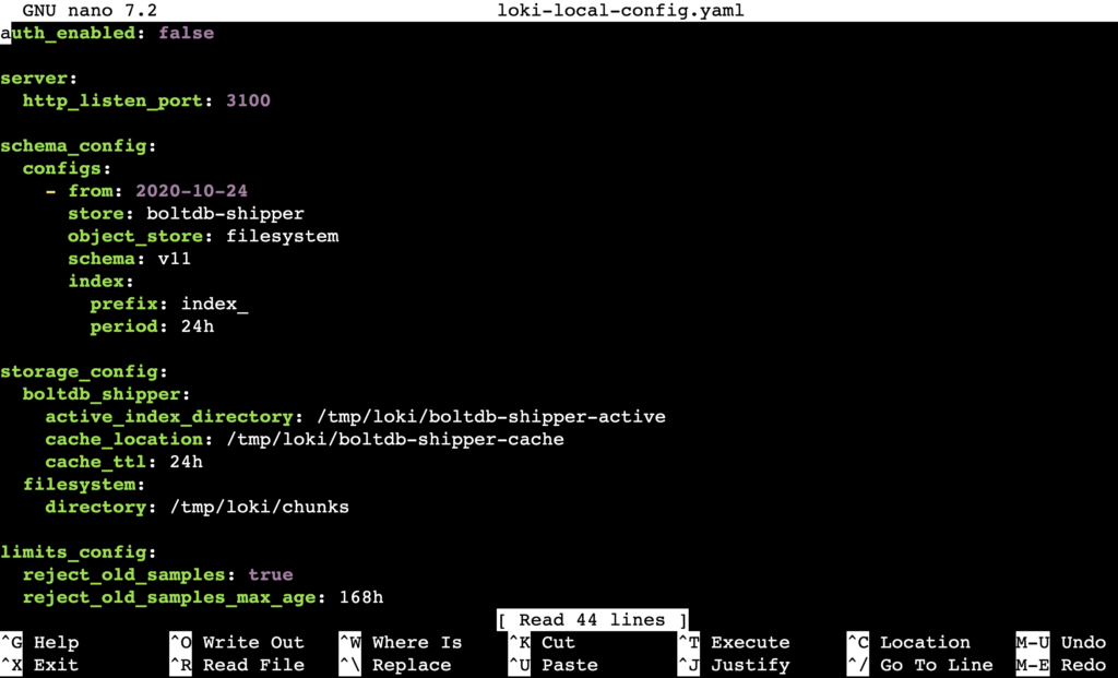 The Loki configuration file's content