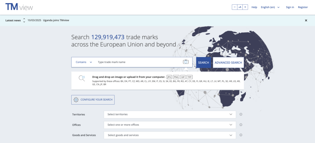 TMView search tool by The European Union Intellectual Property Office (EUIPO)