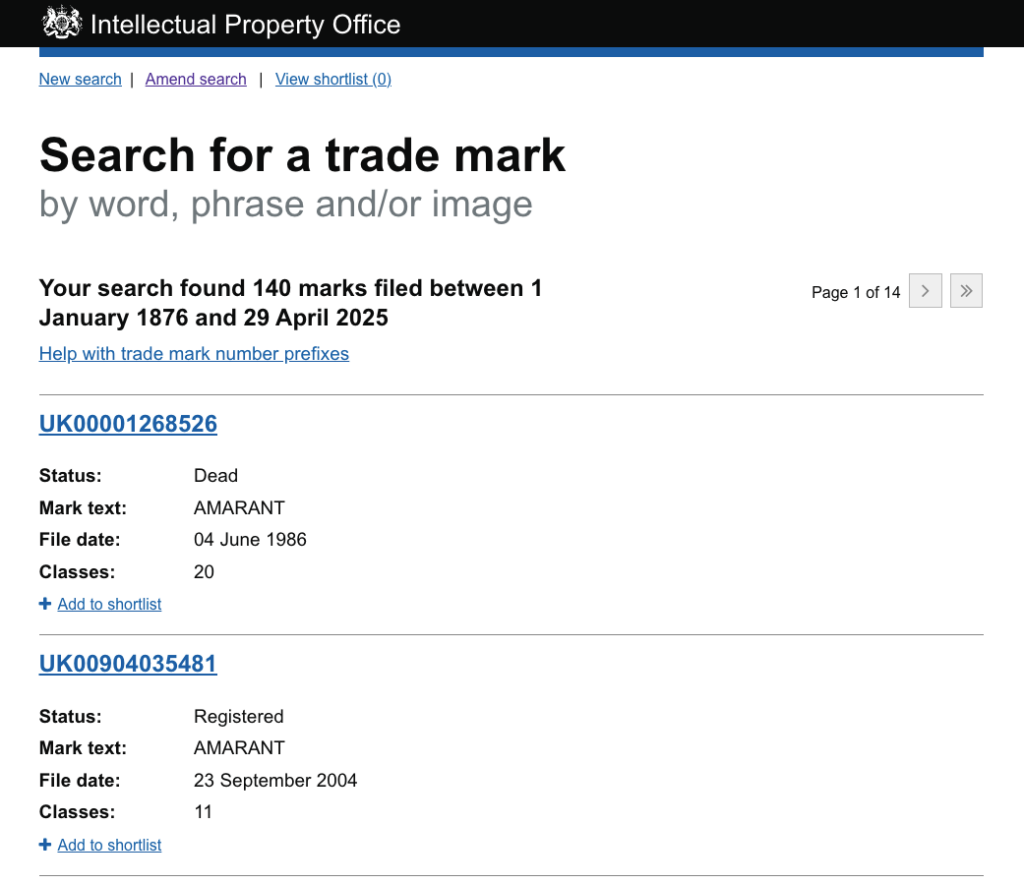 UK Intellectual Property Office, showing search results for a business name