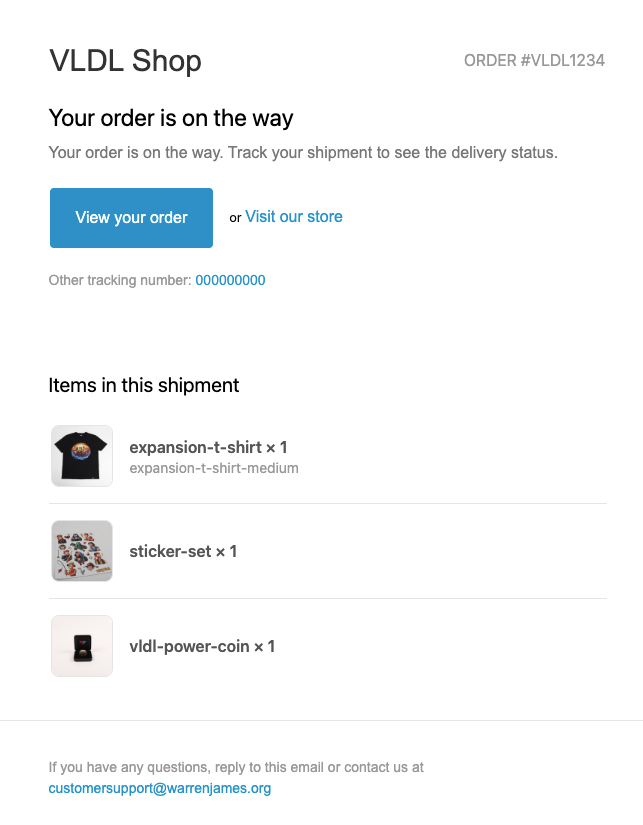 Viva La Dirt League order tracking email
