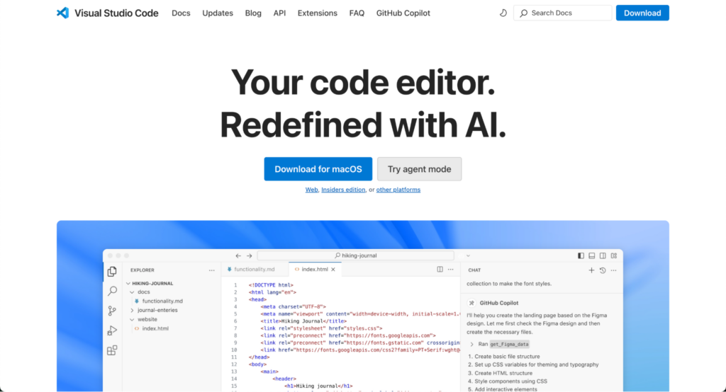 VS Code landing page