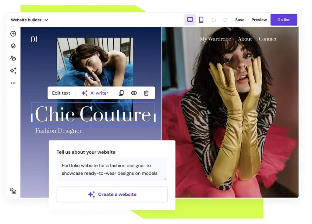 Portfolio website builder interface showing a fashion designer’s portfolio titled "Chic Couture," with model images, text editing tools, and an AI writer option