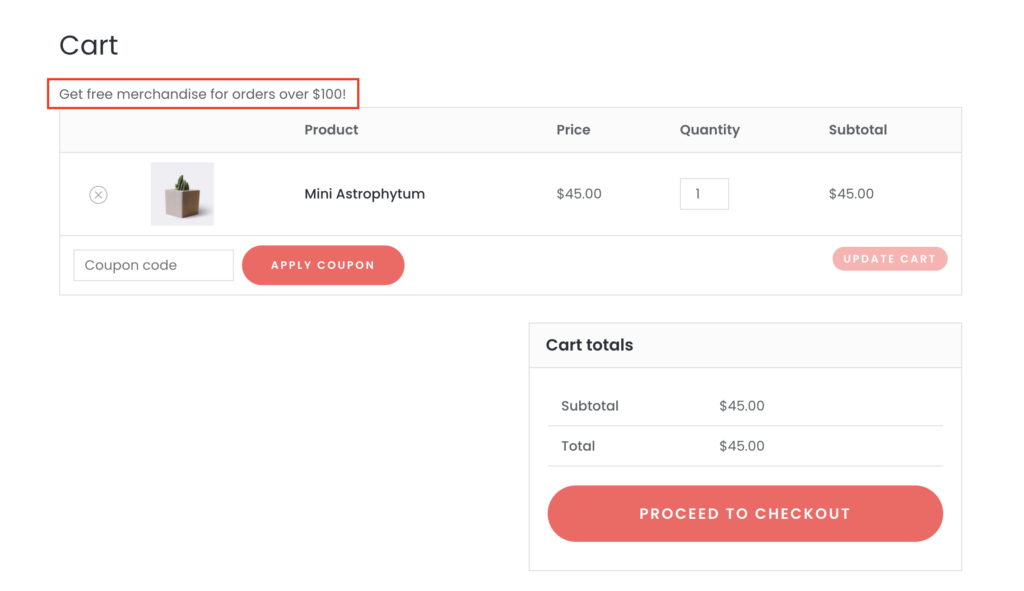 Custom message on the Cart page created with WooCommerce hooks
