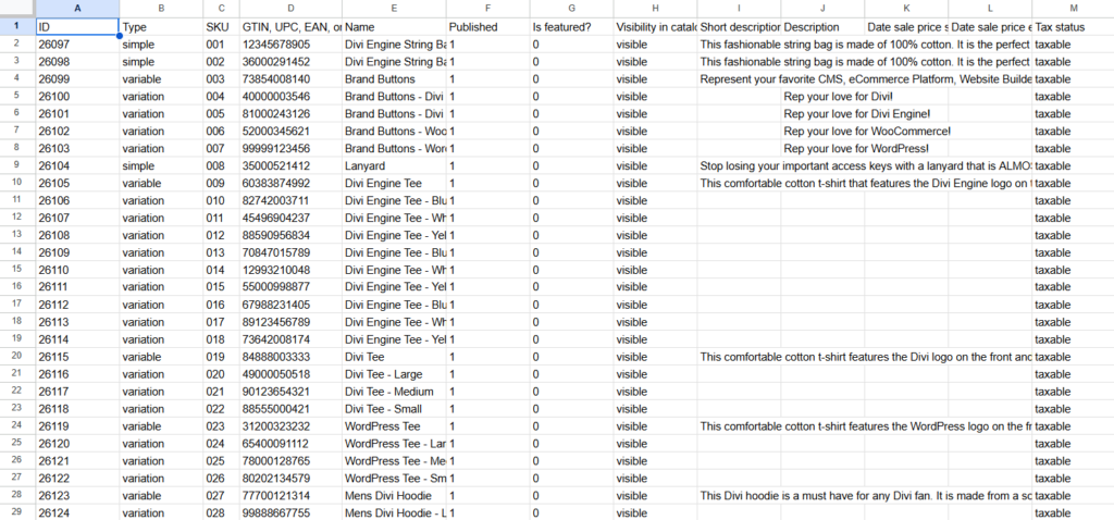 A sample export file from WooCommerce's native exporter tool