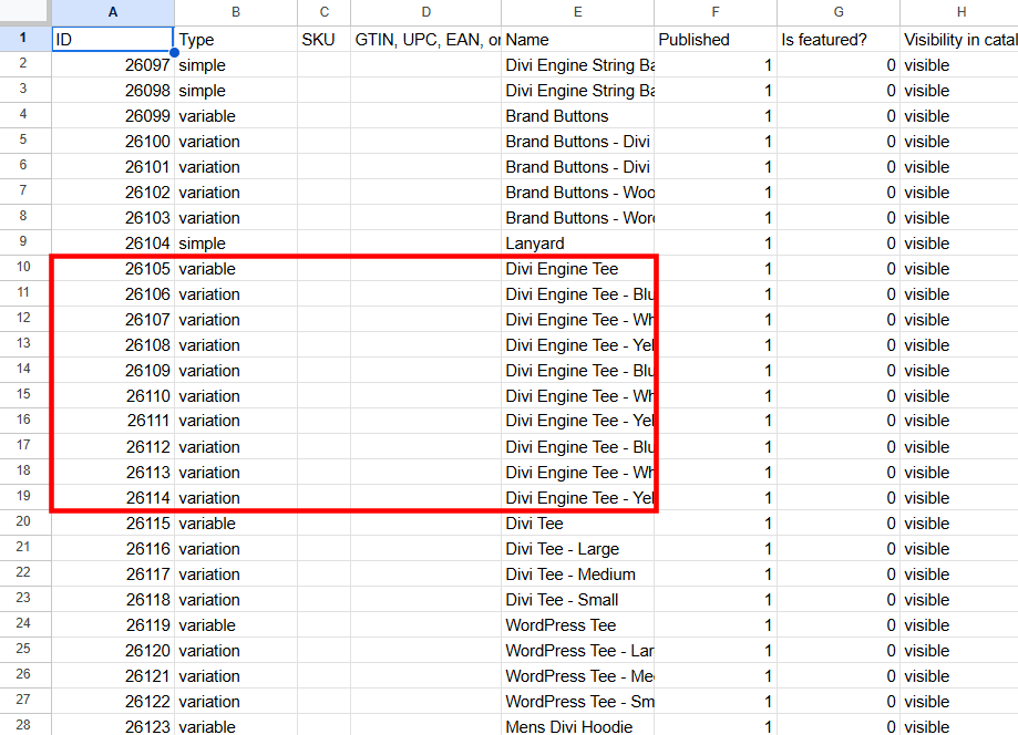 Highlighted section from a WooCommerce export file that shows each product variation on its own row