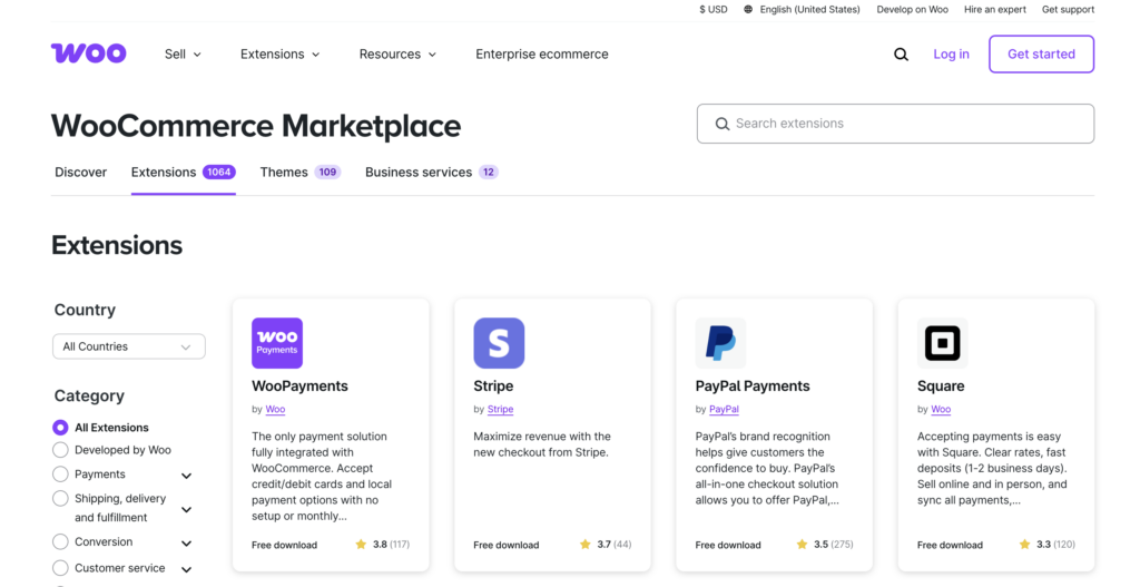 The extensions list in WooCommerce Marketplace