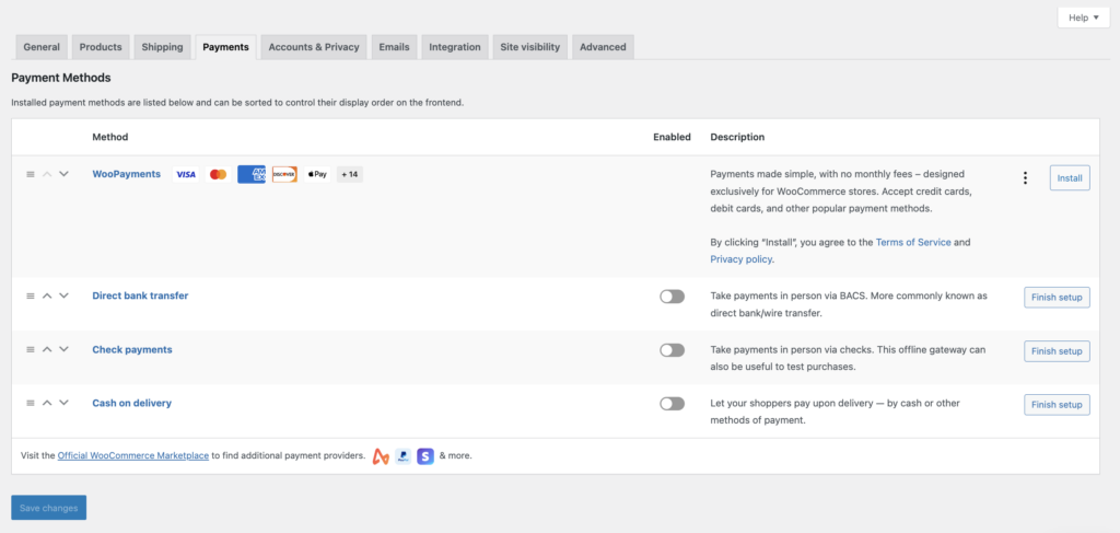 WooCommerce's payment settings interface