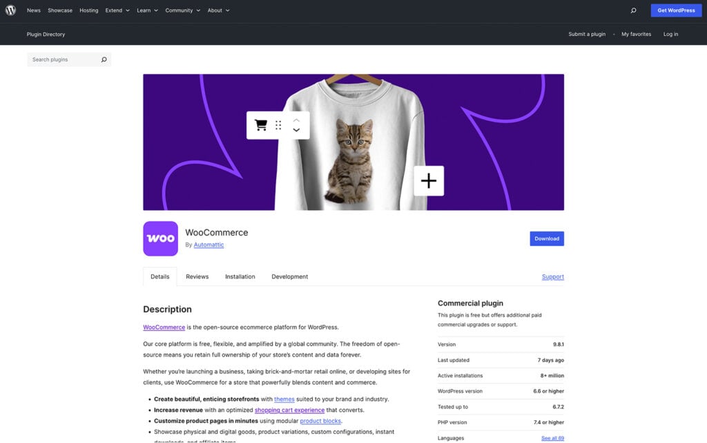 WooCommerce plugin page on WordPress.org showing a product mockup on a sweatshirt and description promoting its flexibility and open-source platform benefits