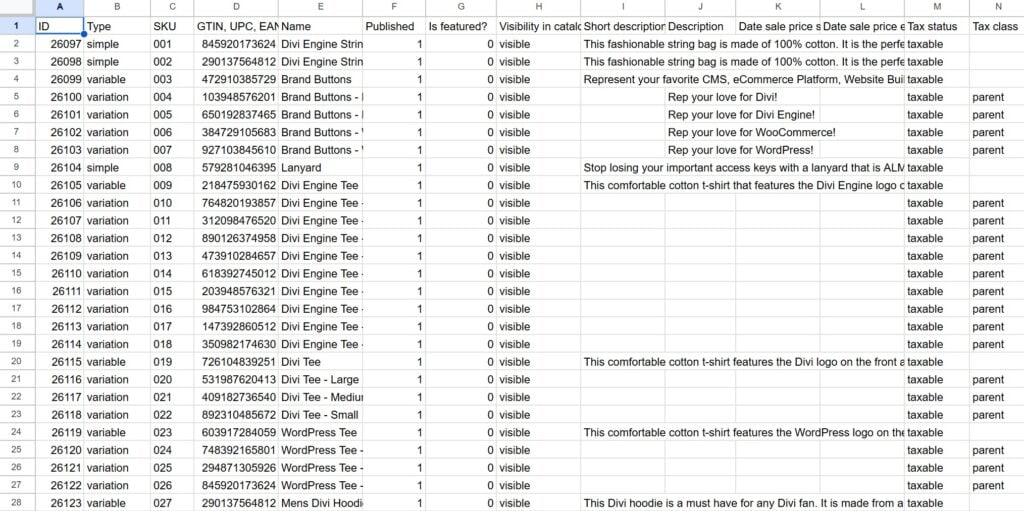 Sample of a WooCommerce product feed