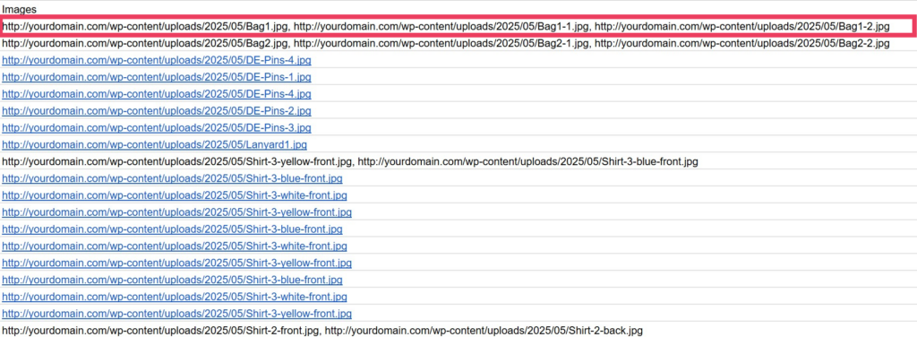 A WooCommerce product CSV showing multiple images listed in the Images field