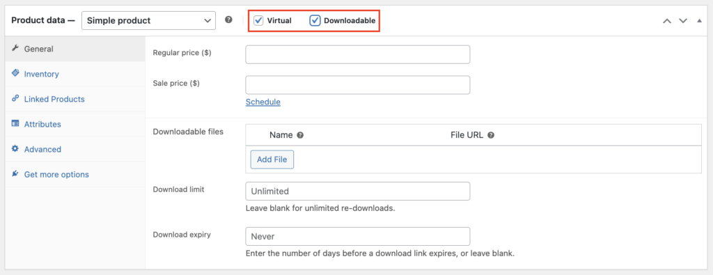 The Virtual and Downloadable options on WooCommerce simple product type highlighted