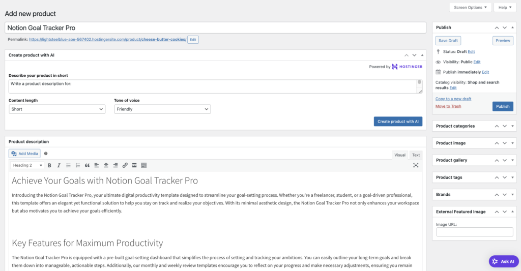 WooCommerce's product details editor interface