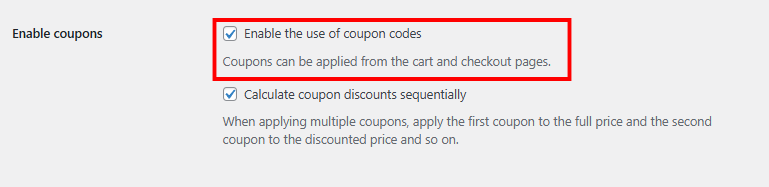 WooCommerce settings with the "enable coupons" checkbox highlighted
