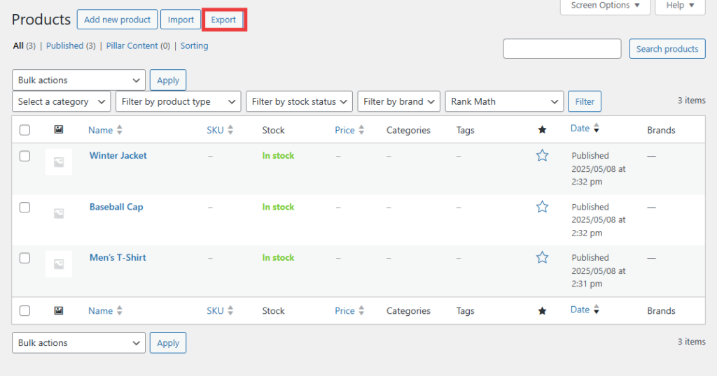 WooCommerce product list with the Export button highlighted