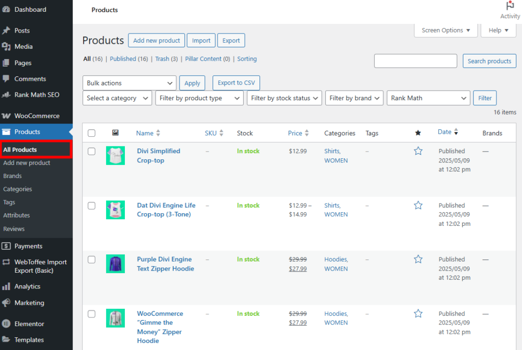 WordPress dashboard showing where to find the All Products link