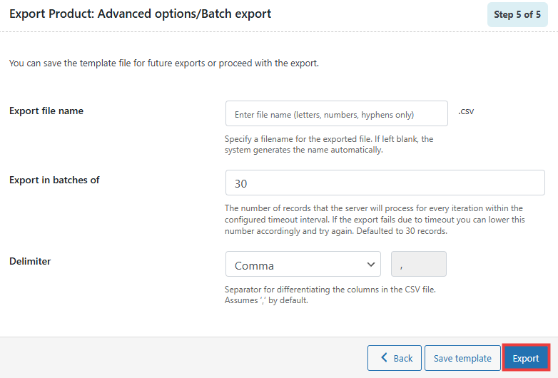 Step 5 of Product Import Export process (advanced export): Configure export file